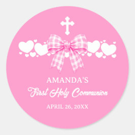 Meisjes Roze Gingham Strik Eerste Communie Ronde Sticker