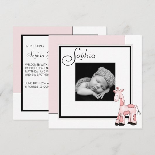 Meisjes Roze Giraffe Foto Geboorteaankondiging Aankondiging (Voorkant / Achterkant)