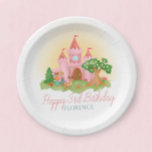 Meisjes Roze Girly Sprookjesprinses Kids Verjaarda Papieren Bordje<br><div class="desc">Dit roze en girly sprookjesachtige kinderverjaardagspapier bord is ontworpen met een moderne prins en prinses, met een betoverd kasteel, vlinders, bloemen, hazen, een magisch hert en grillige paddestoelen. Dit magische "once upon a time" -ontwerp kan gemakkelijk worden gepersonaliseerd met de naam en leeftijd van uw meisjes. De perfecte betoverde aanvulling...</div>