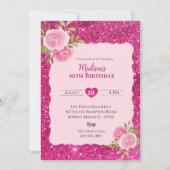 Meisjes Roze Glitter Bloemen 10e Verjaardagsfeestj Kaart (Voorkant)