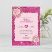 Meisjes Roze Glitter Bloemen 10e Verjaardagsfeestj Kaart (Staand voorkant)