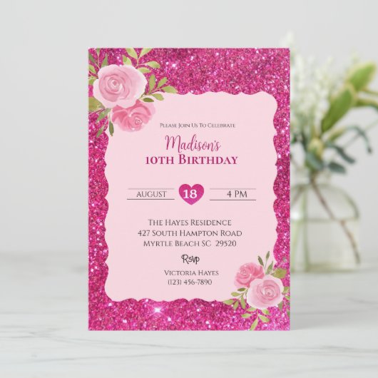 Meisjes Roze Glitter Bloemen 10e Verjaardagsfeestj Kaart (Staand voorkant)