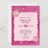 Meisjes Roze Glitter Bloemen 10e Verjaardagsfeestj Kaart (Voorkant)