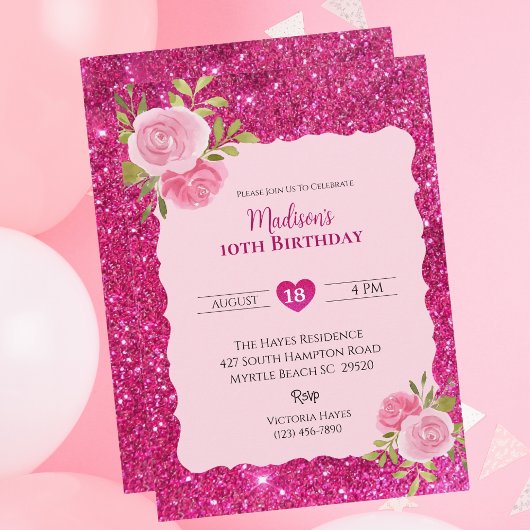 Meisjes Roze Glitter Bloemen 10e Verjaardagsfeestj Kaart