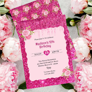 Meisjes Roze Glitters Feestje 10e Verjaardag Bloem Kaart