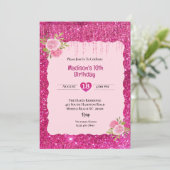 Meisjes Roze Glitters Feestje 10e Verjaardag Bloem Kaart (Staand voorkant)