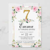 Meisjes Roze & Goud 7e Verjaardag uitnodiging (Voorkant)