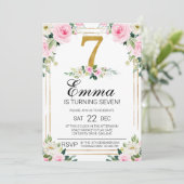 Meisjes Roze & Goud 7e Verjaardag uitnodiging (Staand voorkant)