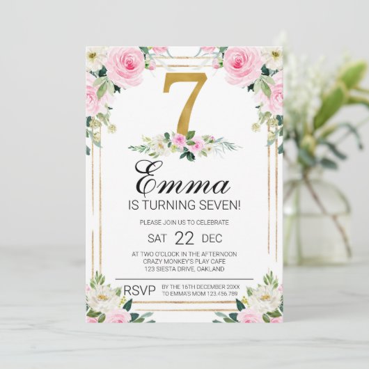 Meisjes Roze & Goud 7e Verjaardag uitnodiging (Staand voorkant)