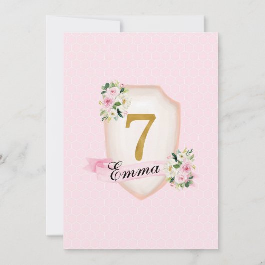 Meisjes Roze & Goud 7e Verjaardag uitnodiging (Achterkant)