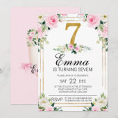 Meisjes Roze & Goud 7e Verjaardag uitnodiging (Voorkant / Achterkant)