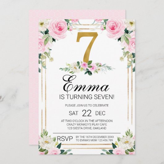 Meisjes Roze & Goud 7e Verjaardag uitnodiging (Voorkant / Achterkant)
