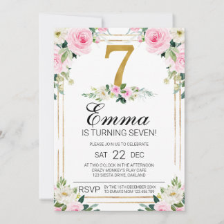 Meisjes Roze & Goud 7e Verjaardag uitnodiging