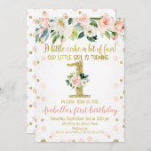 Meisjes Roze Goud Bloemen 1e Verjaardag Uitnodigin Kaart (Voorkant / Achterkant)