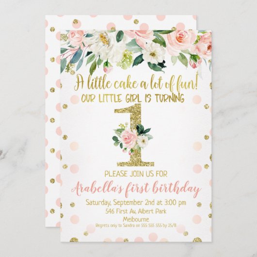 Meisjes Roze Goud Bloemen 1e Verjaardag Uitnodigin Kaart (Voorkant / Achterkant)