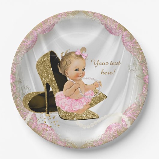 Meisjes Roze Goud Hoge Hak Baby shower Papieren Bordje (Voorkant)