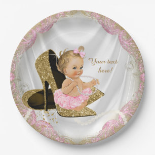 Meisjes Roze Gouden Hoge Hak Baby Shower Papieren Bordje