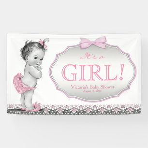 Meisjes Roze Grijs Kant Boog Baby Shower Spandoek