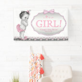 Meisjes Roze Grijze Kant Bow Baby shower Spandoek (Insitu)