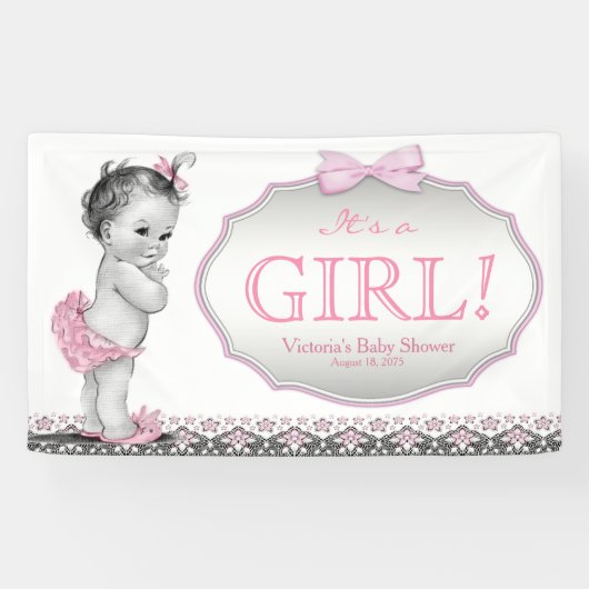 Meisjes Roze Grijze Kant Bow Baby shower Spandoek (Horizontaal)