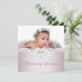 Meisjes Roze Kruis Foto doop Kaart (Staand voorkant)