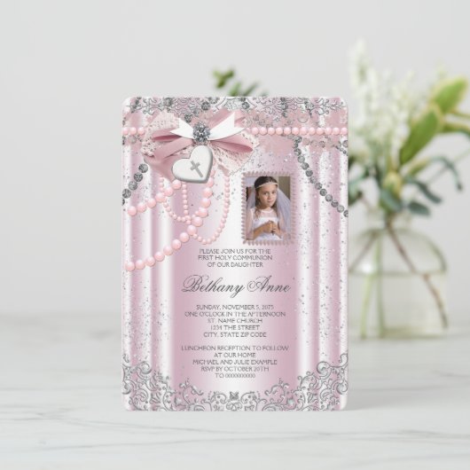 Meisjes Roze Kruis Foto Eerste Communie Kaart (Staand voorkant)