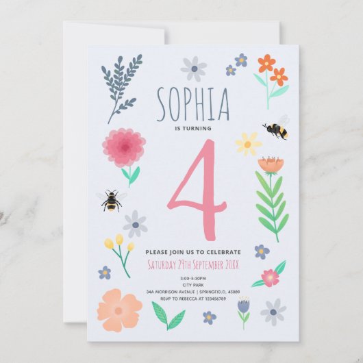 Meisjes Roze Lente Bloemen Bijen Kinderen Verjaard Kaart (Voorkant)