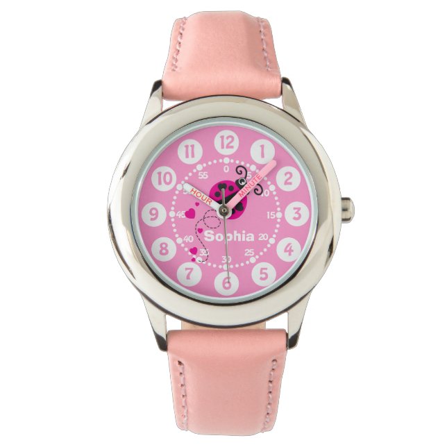Meisjes roze lieveheersbeestje hart wit naam polsh horloge (Voorkant)