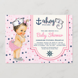Meisjes Roze Marineblauw Maritieme Baby Shower Kaart