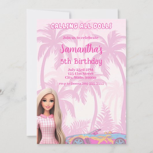 Meisjes Roze Mode Doll Diva Verjaardagsuitnodiging Kaart (Voorkant)