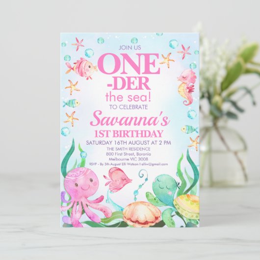 Meisjes Roze Octopus Oneder Het Zee 1e Verjaardag Kaart (Staand voorkant)