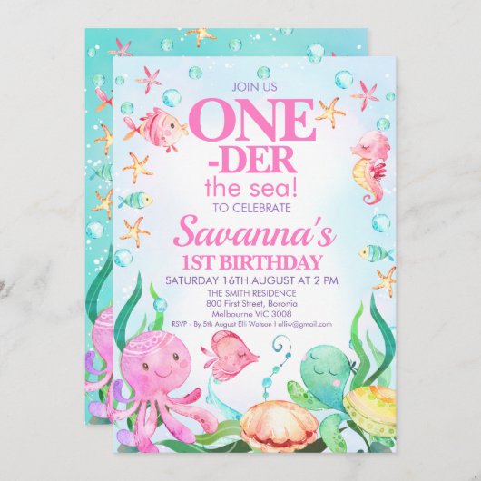 Meisjes Roze Octopus Oneder Het Zee 1e Verjaardag Kaart (Voorkant / Achterkant)