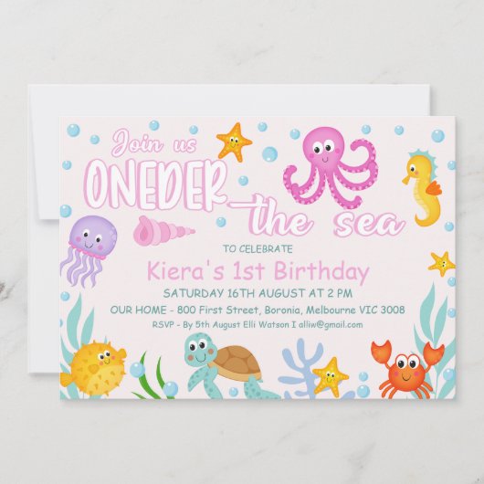 Meisjes Roze Onder Zee Oneder het Zee 1e verjaarda Kaart (Voorkant)