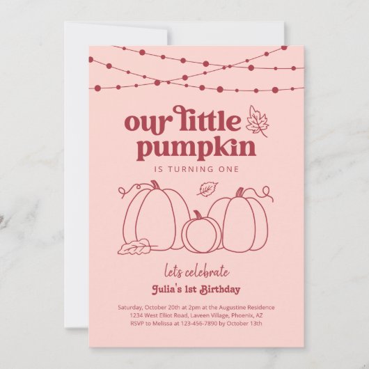 Meisjes Roze Onze Kleine Pompoen Eerste Verjaardag Kaart (Voorkant)