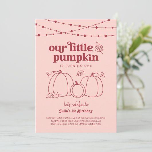 Meisjes Roze Onze Kleine Pompoen Eerste Verjaardag Kaart (Staand voorkant)