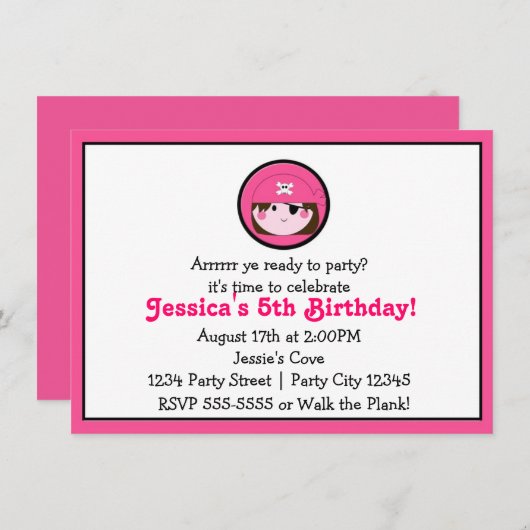 Meisjes Roze Piraat Bruin Haar Verjaardag Uitnodig Kaart (Voorkant / Achterkant)