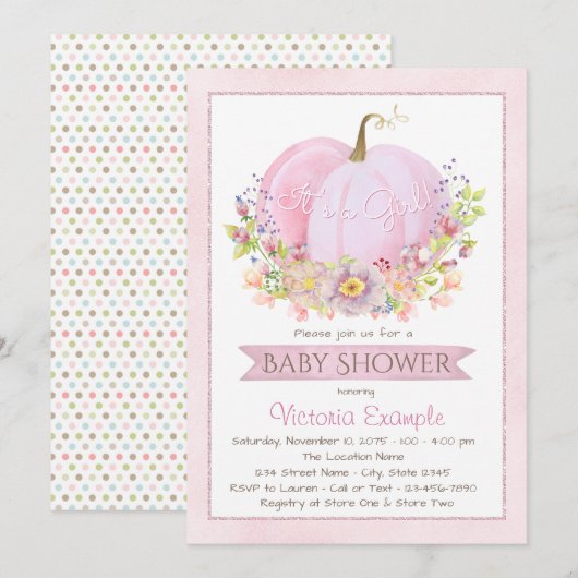 Meisjes Roze Pompoen Baby Douche Uitnodigingen (Voorkant / Achterkant)