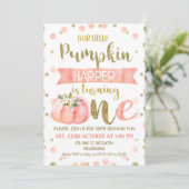 Meisjes Roze Pompoen Eerste Verjaardag Uitnodiging (Staand voorkant)