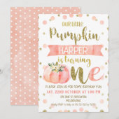 Meisjes Roze Pompoen Eerste Verjaardag Uitnodiging (Voorkant / Achterkant)