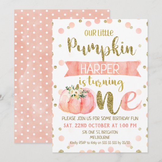 Meisjes Roze Pompoen Eerste Verjaardag Uitnodiging (Voorkant / Achterkant)