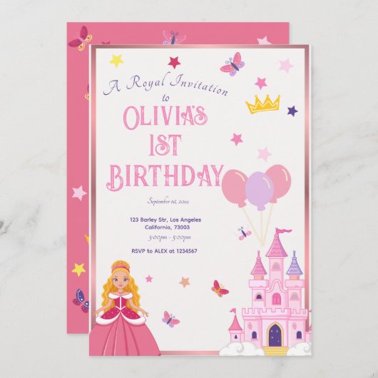 Meisjes Roze Prinses Aangepaste Verjaardag Uitnodi Kaart (Voorkant / Achterkant)