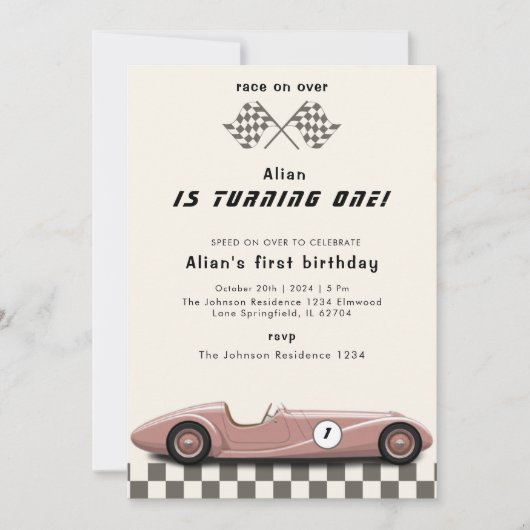 Meisjes  Roze Race Auto 1e Verjaardagsfeest Kaart (Voorkant)