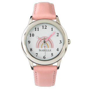 Meisjes Roze Regenboog Pastel Hart Naam Boho Horloge