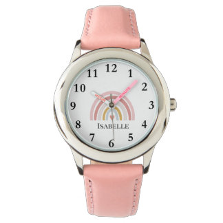 Meisjes Roze Regenboog Pastel Hart Naam Boho Horloge
