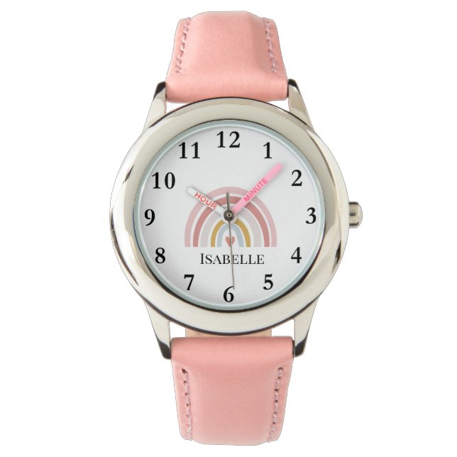 Meisjes Roze Regenboog Pastel Hart Naam Boho Horloge (Voorkant)