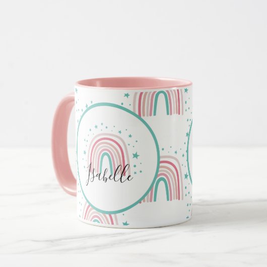 Meisjes roze regenboogschrift gepersonaliseerd mod mok (Voorkant links)