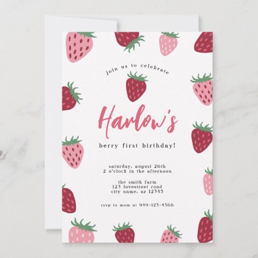 Meisje's Roze & Rode Aardbei Berry eerste verjaard Kaart (Voorkant)