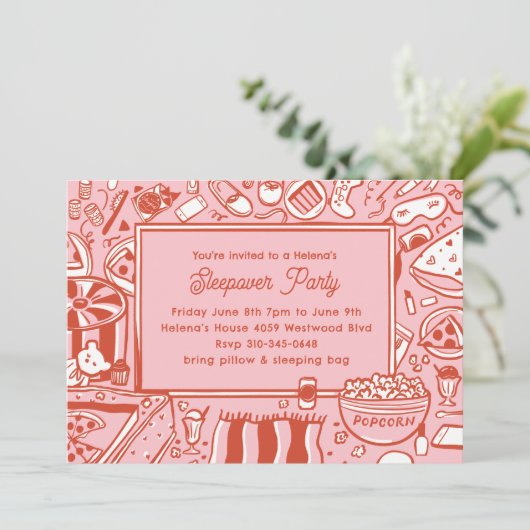 Meisjes Roze Rode Sleepover Verjaardagsfeest Kaart (Staand voorkant)