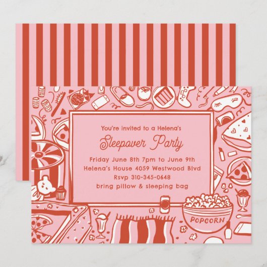 Meisjes Roze Rode Sleepover Verjaardagsfeest Kaart (Voorkant / Achterkant)