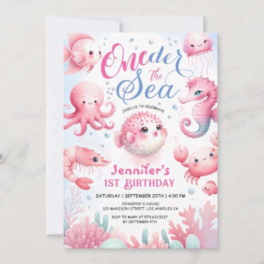 Meisjes Roze Schattige Ocean ONEder Het Zee 1e Ver Kaart (Voorkant)